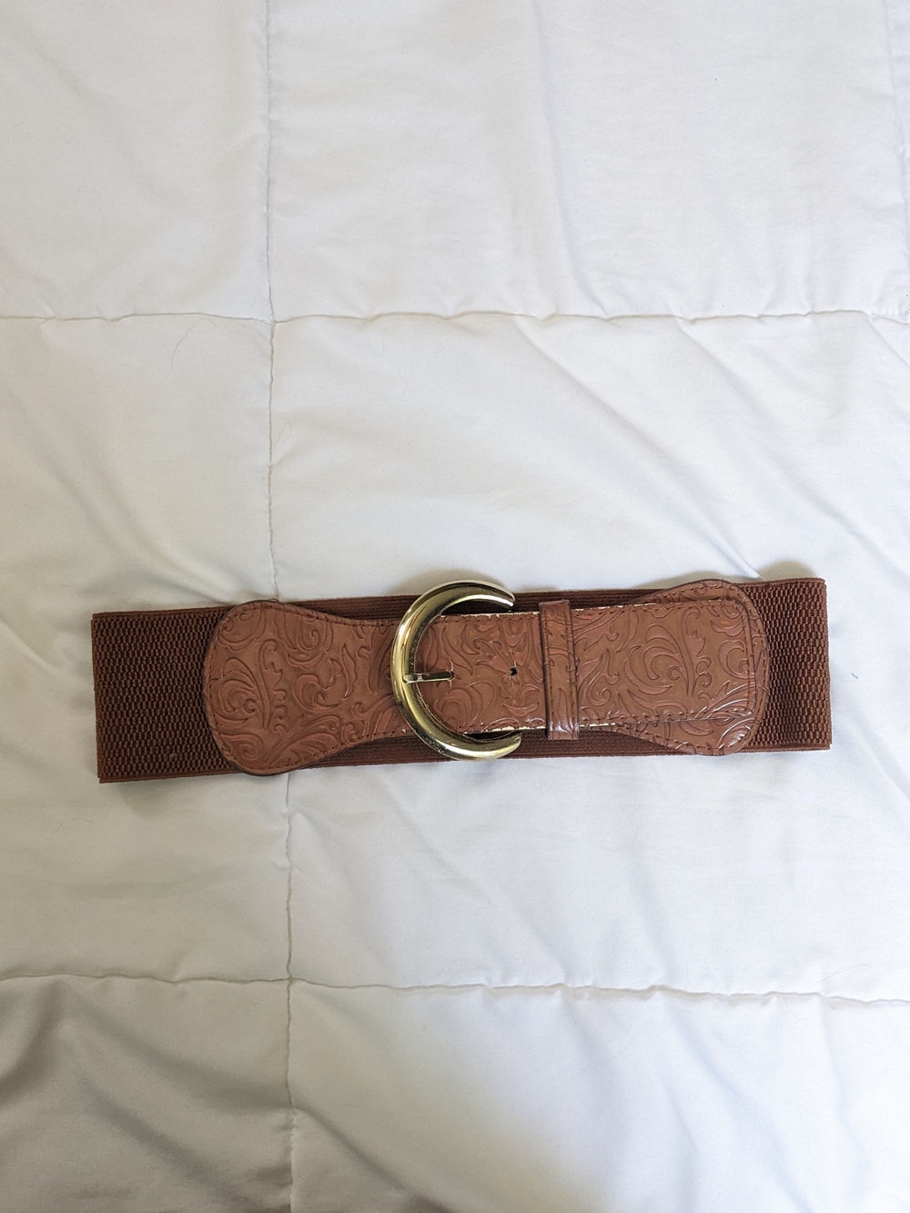 Brown Embossed Stretch Belt with Gold Buckle Waist Belt